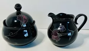 Mikasa Rondo Tango EJ702 Sugar Bowl with Lid and Creamer Black Floral Japan - Picture 1 of 6