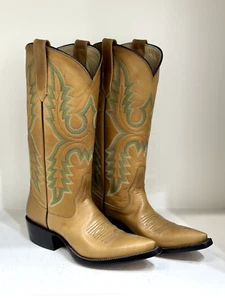 Rios of Mercedes tan leather cowboy western boots with green stitching,Women 4,5 - Picture 1 of 10
