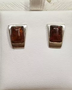 Amber Earrings Sterling Silver Rectangle Orange Posts Backs 925 - Picture 1 of 6