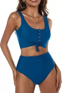 A Neck Bikini Set Ruched High Waisted Two Piece Swimsuits Tankini Size S - Picture 1 of 5