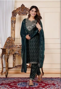 Women's Ethnic Wear Rayon Straight Embridered Kurti Pant Set with Dupatta L - Picture 1 of 4