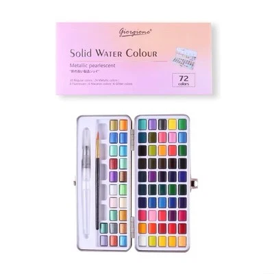GIORGIONE 72 Colours Solid Watercolour Paint Set Metallic Pearl TIN BOX Brush Pad