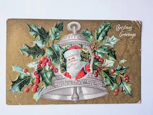 Antique Christmas Holly Postcard Santa Claus Metallic Embossed Vintage Holiday - Picture 1 of 4