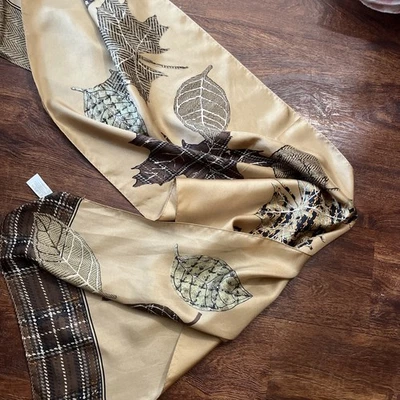 Liz Claiborne Fine Thin Silk Scarf Oblng Plaid Brown Peach Vntg Leaves Tan 14x59 - Image 1 of 4