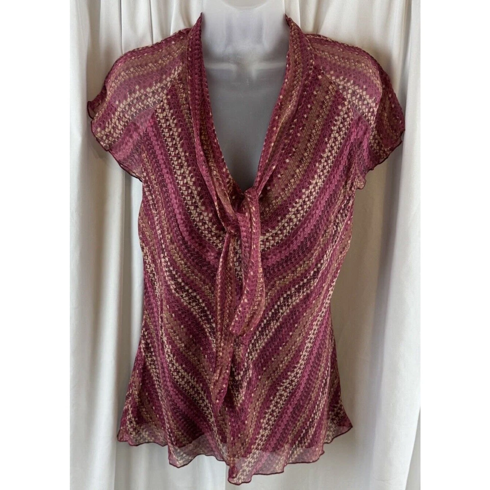 Blusa Nine West 100% Seda Corbata Borgoña Tostado Marfil 8 Vintage Profesional 66-19 Foto 1 de 4