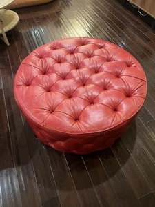 Red Leather Tufted George Smith Ottoman - Picture 1 of 8