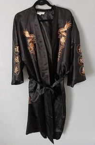 TANGYI MENS KIMONO ROBE BLACK & ORANGE EMBROIDERED SATIN XXL 42 - 48" ORENTIAL - Picture 1 of 19