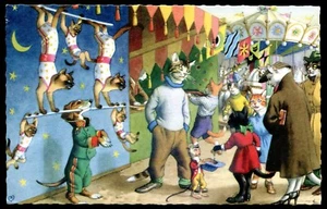 Artist- ALFRED MAINZER Postcard 1940s Dressed Cats & Dogs Amusement Park - Picture 1 of 2