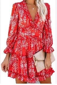 Vestido AnAllisonette para mujer talla M/L rojo floral de gasa manga larga con volantes sin espalda - Imagen 1 de 6