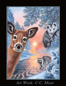 Rehkitz Opossum Waschbär Winter Sonnenuntergang Schnee ACEO Limited Edition Mini Kunstdruck - Bild 1 von 1
