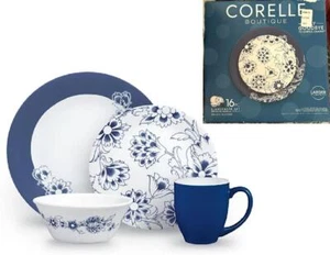 ❤️ NUEVO 16 piezas Juego de vajilla Corelle INDIGO BLOOMS banda azul oscuro con boceto floral - Imagen 1 de 5