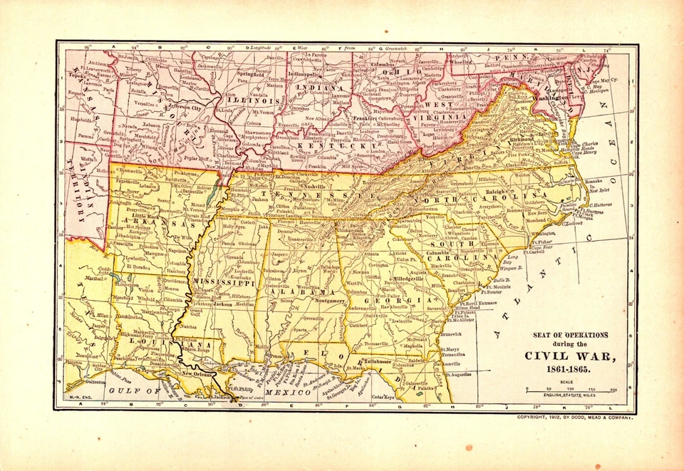 1904 Antique Civil War Map – Seat of Operations – Union & CSA States - Image 1 of 1