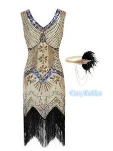 ZC21 Ladies Gold 1920s Roaring 20s Flapper Gatsby Costume Sequins 6-20