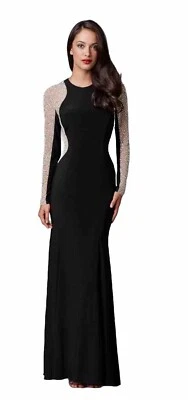 Vestido Xscape Negro Plata Cristal Cuentas Manga Larga Contorno Talla 14 $279 Nuevo Foto 1 de 4