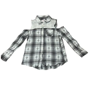 Original Justice Girl's Size XL 14-16 Plaid Aztec Cold Shoulder Long Sleeve Top - Picture 1 of 6