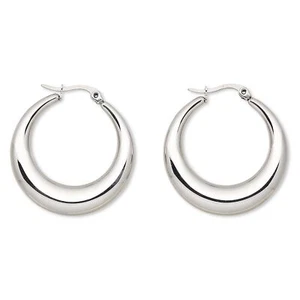 Sleek Surgical Stainless Steel Puffed Hoop Silver 32mm Hypo Allergenic Earrings - Picture 1 of 1