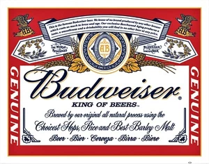 Letrero de metal Budweiser Label Anheuser Busch Cervecería Logotipo Nueva Cerveza Repro Breweriana - Imagen 1 de 5