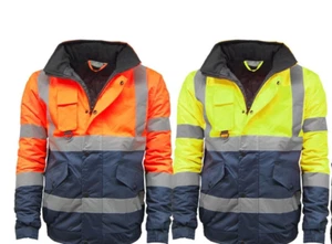 Mens Hi-Viz Vis Visibility Safety Bomber Zip Fleece Hood Jacket Work Coat Top - Picture 1 of 3