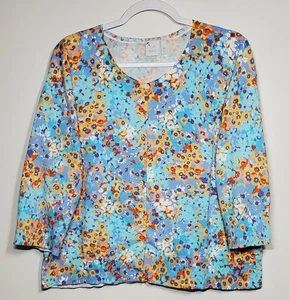 J Jill Women's XL Blue Orange Floral Print 3/4 Sleeve Cardigan Sweater  - Picture 1 of 8