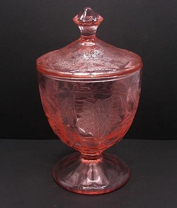 Pink Candy Jar Depression Glass Floral Poinsettia Jeannette 6 1/2" 1930 pressed - Picture 1 of 4