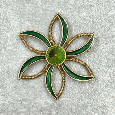 Broche Vintage Flor Verde AB Rivoli Centro Estrás Esmalte Tono Dorado Foto 1 de 4