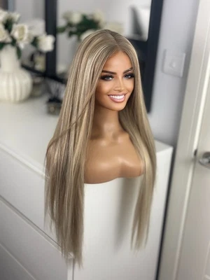 Balayage Highlights Beige Biscuit Blonde 24” 30” Lace 100% Long Human Hair Wig - Image 1 of 4