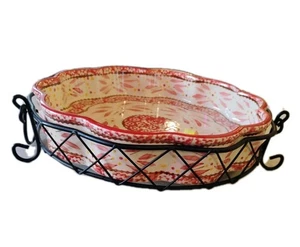 Temp-tations Ovenware Old World Red 10" Quiche Dish w/ Black Metal Holder Unused - Picture 1 of 6
