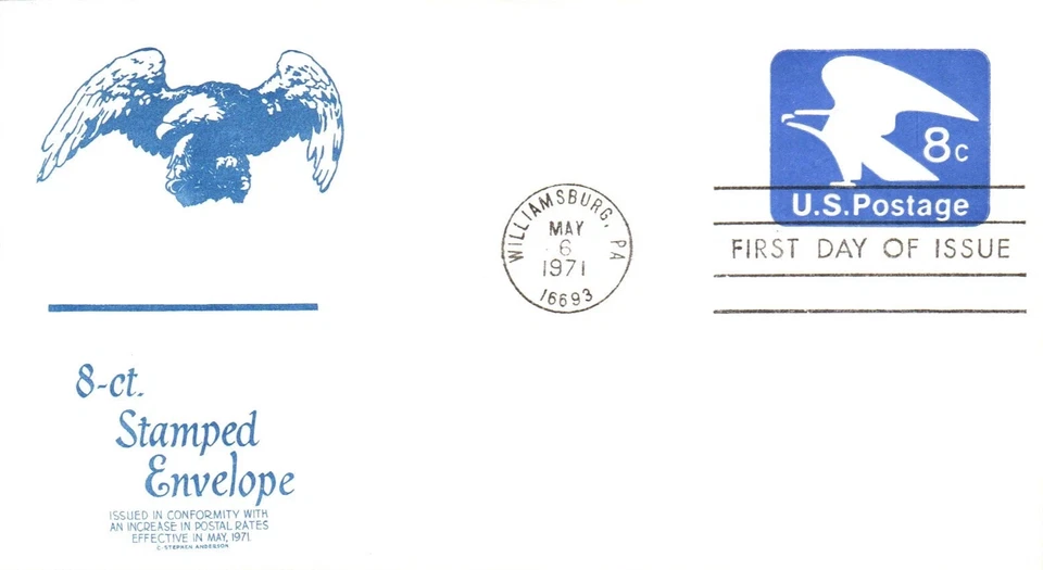 Bald Eagle 8c #U557 1971 azul escaso Anderson CACHET FDC VF UNADDR Foto 1 de 1