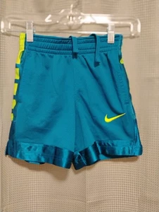 Nike Boys XS Athletic Shorts Teal Neon Yellow Swoosh Adjustable Pockets Dri Fit - Picture 1 of 8
