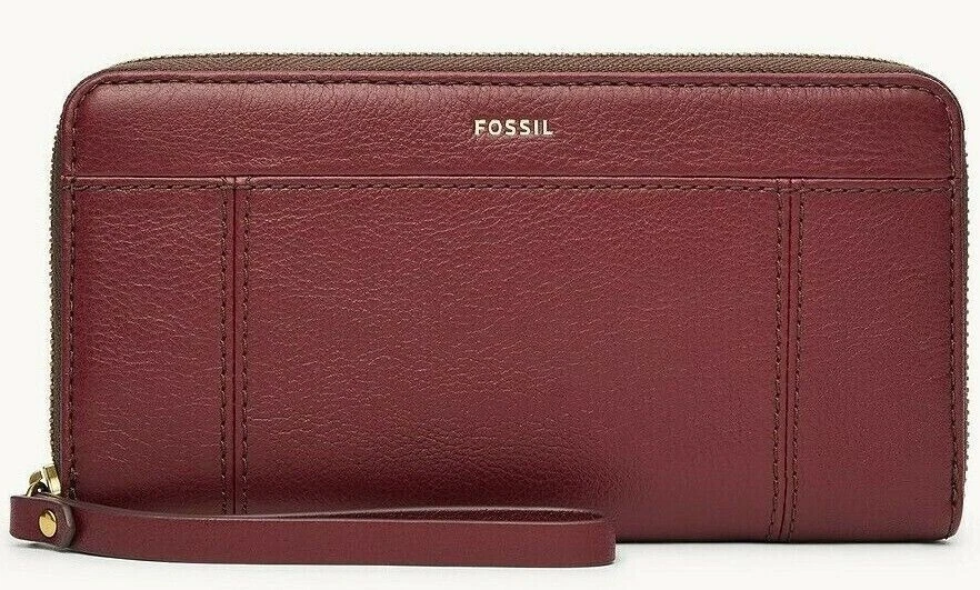 Fossil Jori RFID Zip Clutch Red Wine Leather Wristlet SWL2679609 Purse