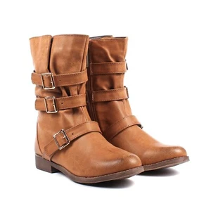 Camel Zipper Open Faux Leather Womens Military Mid Calf Combat Boots Size 5.5 - Picture 1 of 12