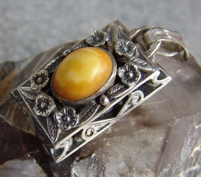 EDLER 800 SILBER JUGENDSTIL ANHÄNGER  MIT BUTTERSCOTCH BERNSTEIN BESATZ - Bild 1 von 4