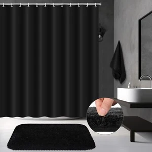 3 Pcs Black Bathroom Curtain Sets with Shower Rug and Towel Black Waterproof ... - Picture 1 of 8