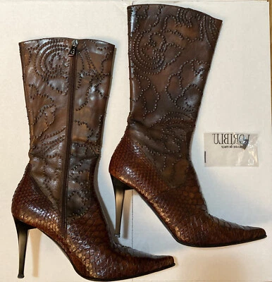 Loriblu Italian Leather Mid Calf Boots Sz 40 /10 Embossed Snakeskin Detail Brown - Image 1 of 4
