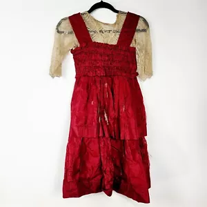 Vintage Little Girls Red Ruffle Cream Lace Sleeve Dress - Costume Distressed - Picture 1 of 13