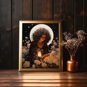 Black Girl and Flowers, Mystical Full Moon Print, Celestial Floral Dark - Picture 1 of 4