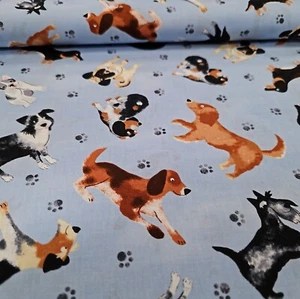 Dogs and Paws Cotton Fabric Timeless Treasures Sky Blue By the Yard - Picture 1 of 2