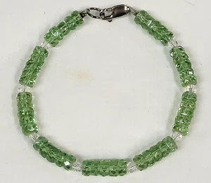 Peridot & Clear Gemstone Beads Bracelet with Sterling Silver INDIA 7" - Picture 1 of 4