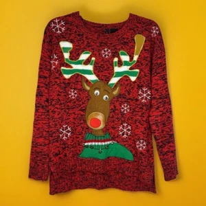 Maglione Natalizio Nuove Direzioni Piccolo Rosso Rudolf Renna Orlo Alto Basso Spacco - Foto 1 di 10