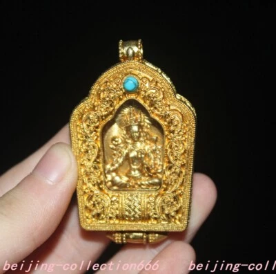 2.2" Tibetan Buddhism temple bronze 24k gold Gilt Tara Kwan-yin amulet Pendant - Image 1 of 4