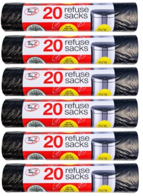 Tidyz Extra Value Refuse Sacks Bin Bags Black Waste Rubbish 50L In Rolls Of 20