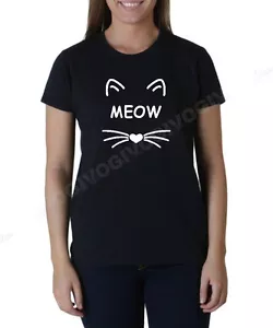 Camiseta MEOW Divertida Camisa Amante de los Gatos Camiseta Gato Negra Linda Cuello Redondo Regalo para Ella - Imagen 1 de 12