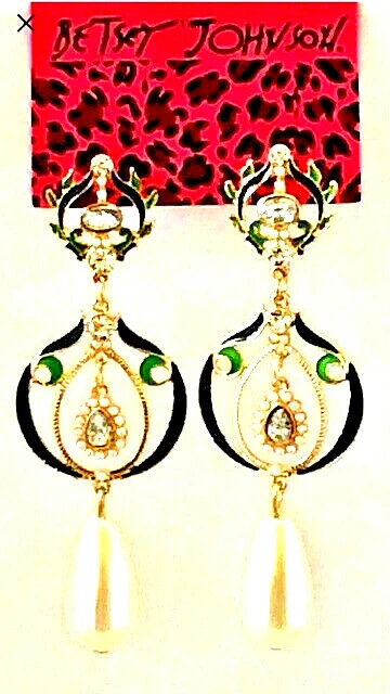 Pendientes Betsey Johnson Esmalte Azul Oscuro/Verde Perla Cuelga con Cristales Poste Foto 1 de 1