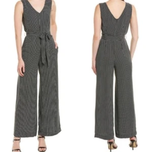 Max Studio NEW Black Cream Stripes Dots VNeck Sleeveless Wide-Leg Jumpsuit Large - Picture 1 of 9