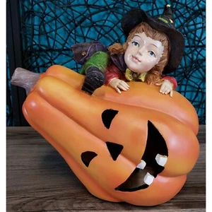HALLOWEEN COLOR CHANGING LIGHT UP PUMPKIN WITH WITCH GIRL CRACKER BARREL TESTED - Picture 1 of 12