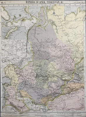 1884-1887 Rusia en Asia, Turquestán, etc. Mapa antiguo original, litografía a color Foto 1 de 2