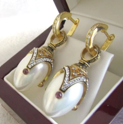 PENDIENTES DE PERLAS HECHOS A MANO EN PLATA ESTERLINA MACIZA RUSA CHAPADA EN ORO DE 24 K Foto 1 de 4