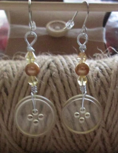 Yellow / Gold Recycled Button Wire Wrapped Handmade Hook Earrings / Boxed - Picture 1 of 4