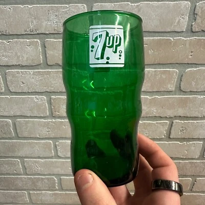 Vintage 7up Soda Fountain Glass Green White Curve Bodied Wavy Seven Up 5.25" - Image 1 of 4