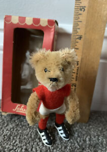 Schuco Mascot Brown Bear 1950s Mohair on Metal Chenille Stem 3” Mint Boxed Red